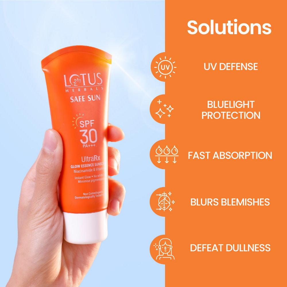 Lotus Herbals Safesun Ultrarx Glow Essence Sunscreen SPF 30 PA++++ | Grocsy