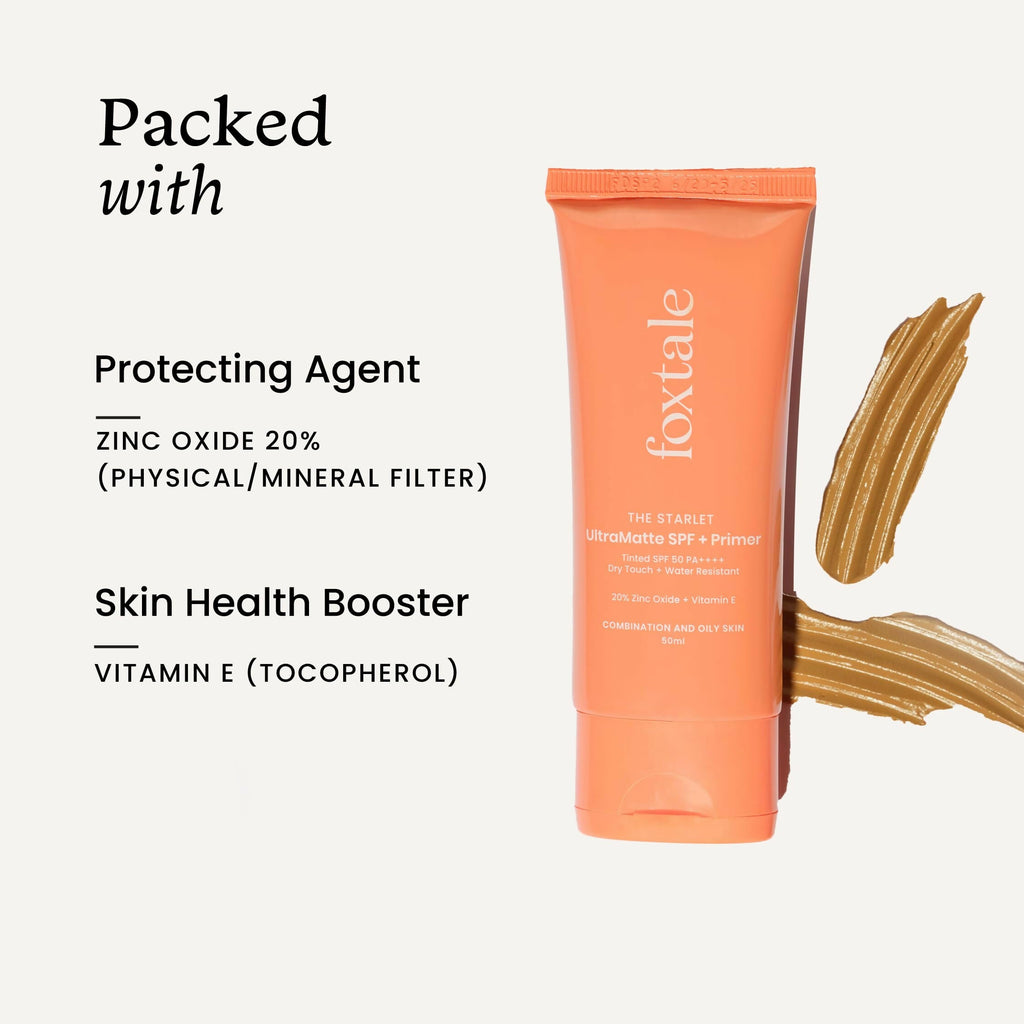 Foxtale Tinted Sunscreen SPF 50 PA++++ & Primer Shade 1 - Deep, Water Resistant with Dry-Touch Finish, Blurs Out Pores | Grocsy