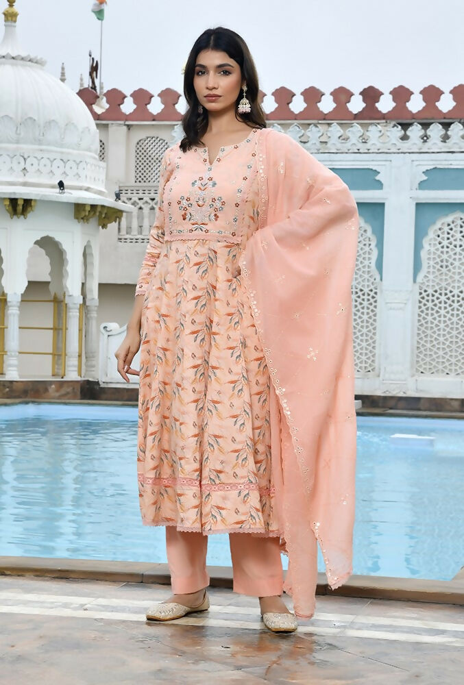Vaasva Women's Peach Cotton Anarkali Set With Solid Pant And Embroidered Dupatta | Grocsy