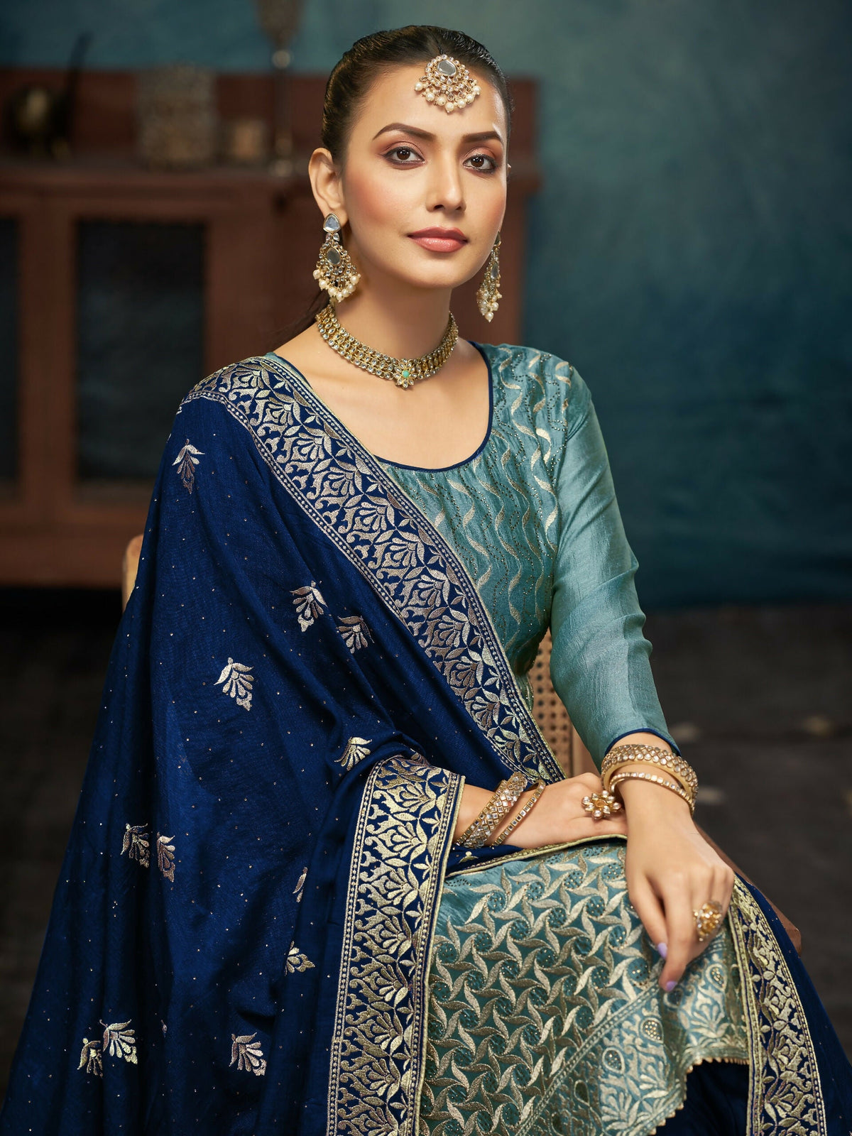 Anaita Light Teal Premium Embroidered with servos waki diamond Vichitra Silk Stitched Salwar Suit | Grocsy