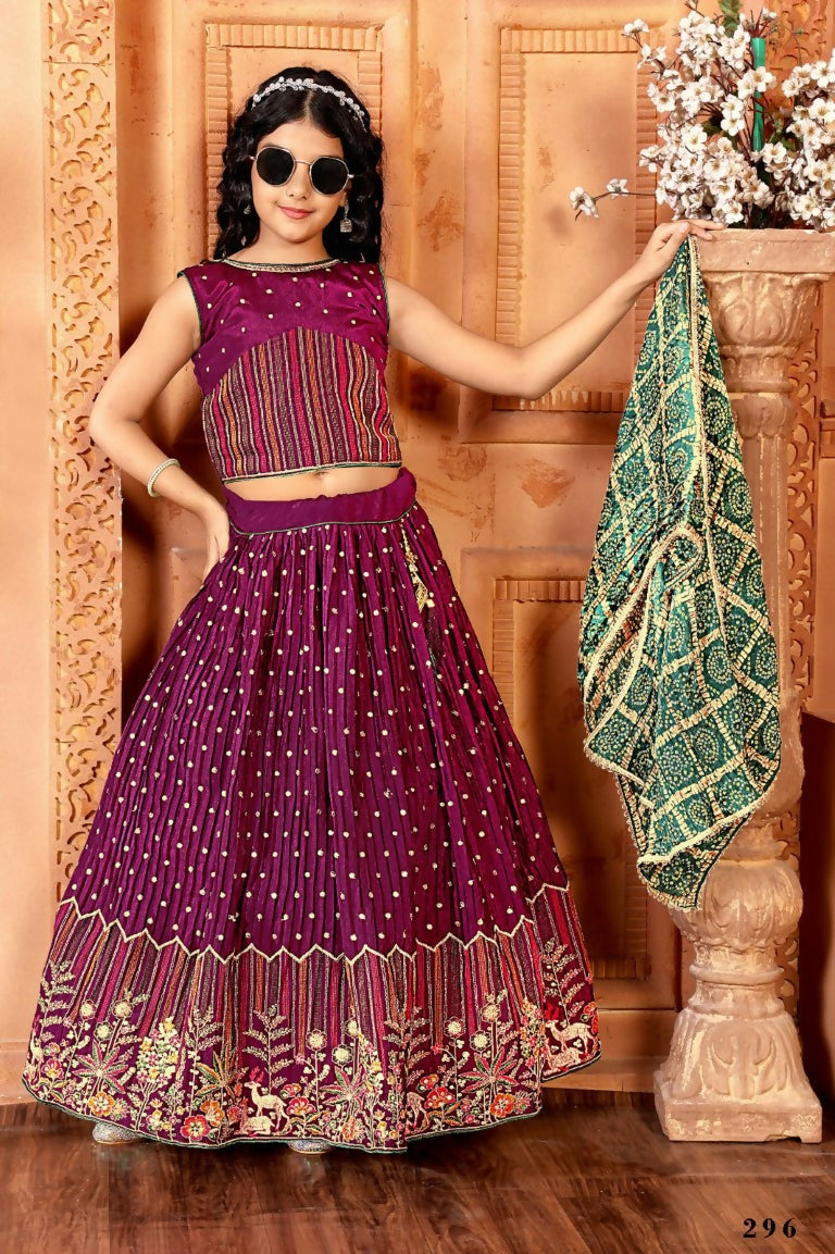 Kids Functional Designer Wine Chinon Fab Lehenga choli - Aaradhna | Grocsy