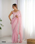 Georgette Designer Sequance Embroidery Work Party Wear Saree - Pink | Grocsy