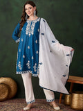 Sangria Teal Blue Paisley Embroidered Thread Work Straight Kurta & Trouser With Dupatta | Grocsy