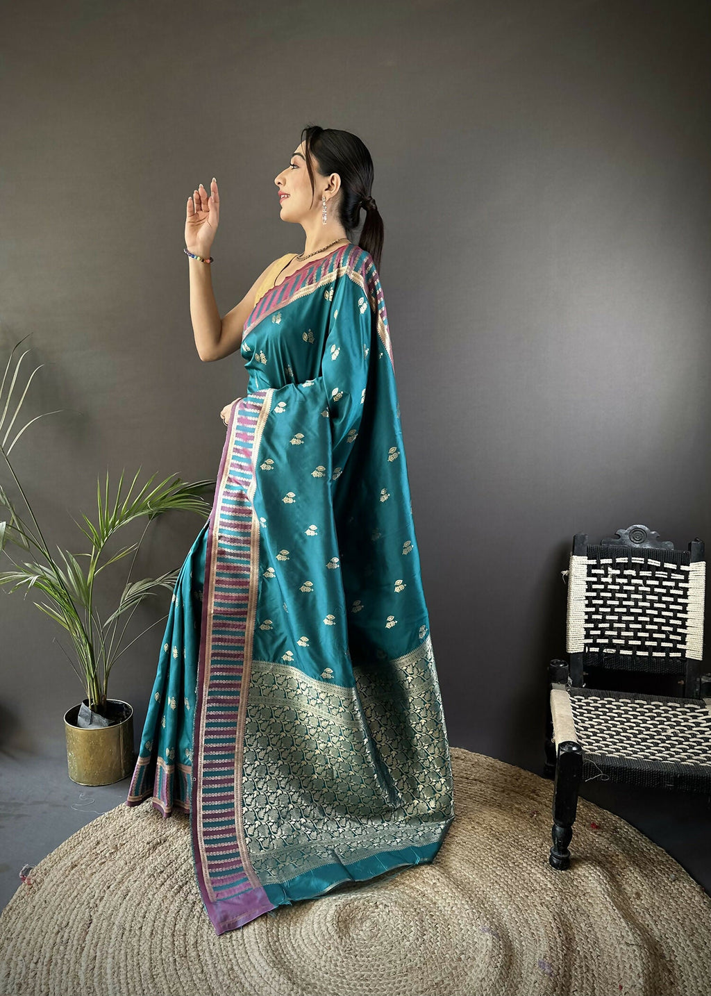Joban Fashion Teal Blue Woven Zari Motifs Lichi Silk Banarasi Silk Saree | Grocsy