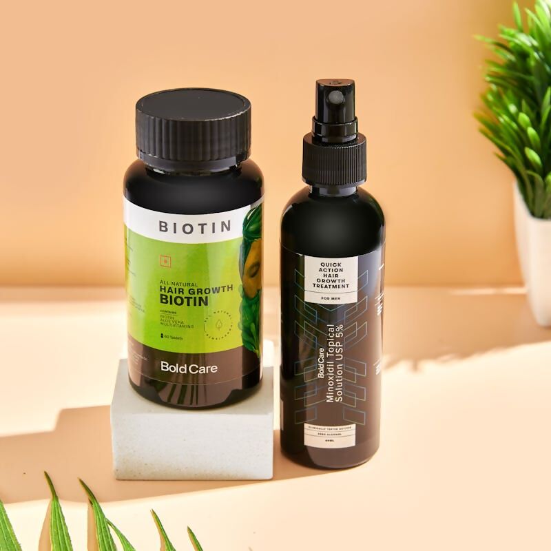 Bold Care Hair Growth 5% Solution Serum & Biotin Supplements Combo | Grocsy