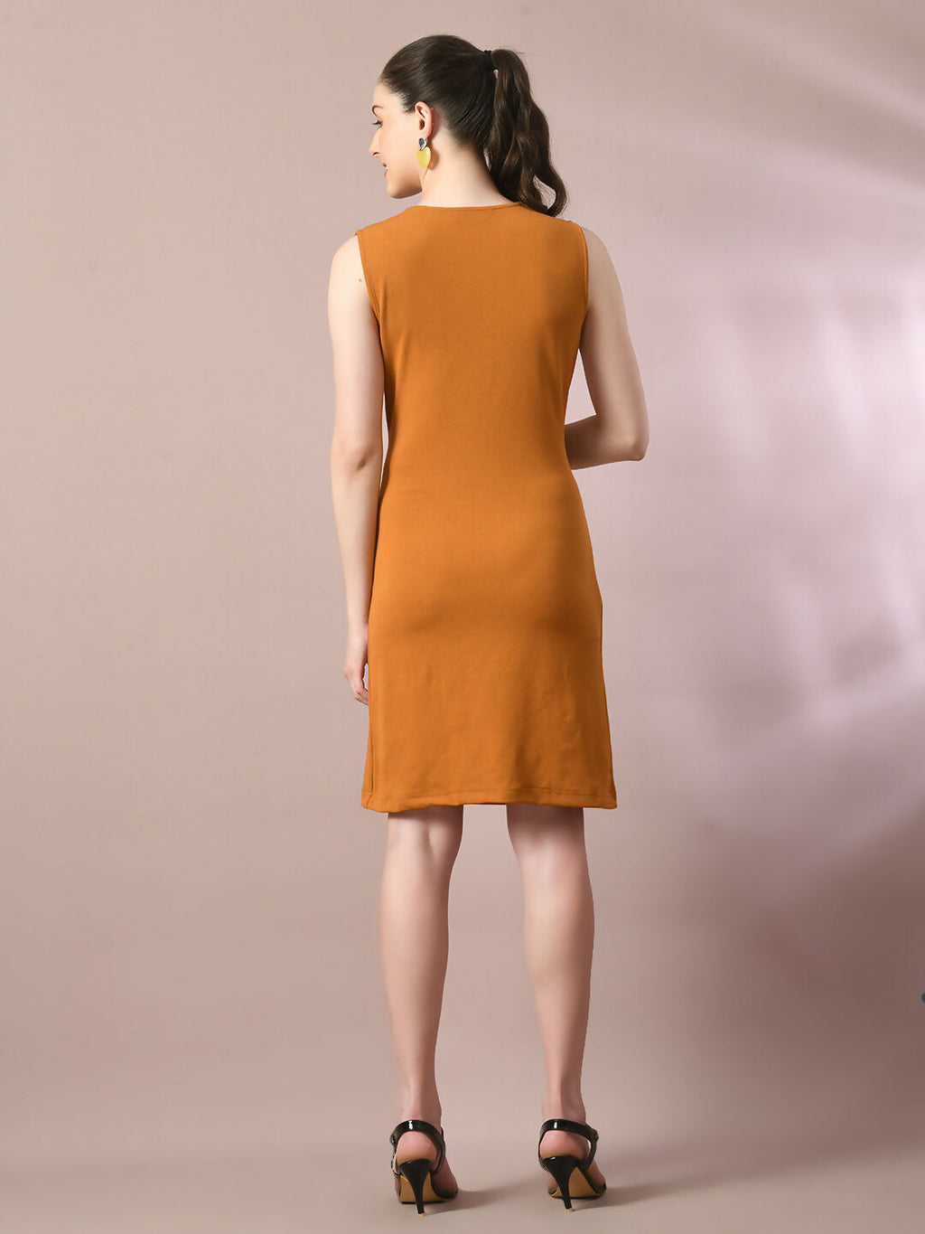 Myshka Women's Mustard Solid Cowl Neck Bodycon Party Dress | Grocsy