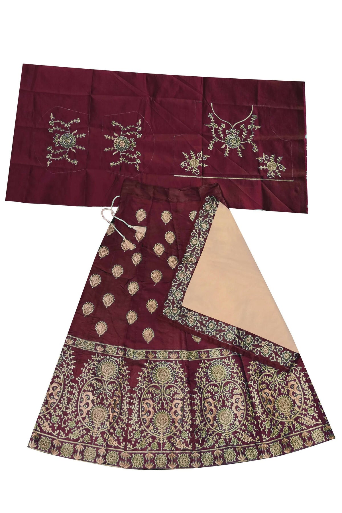 Dwiden Maroon Gulab Tafetta Sattin Semi-Stitched Girl'S Lehenga Choli | Grocsy