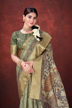 Pista Green Poly Habotai Silk Foil Print Saree with Unstitched Blouse - Kathari | Grocsy