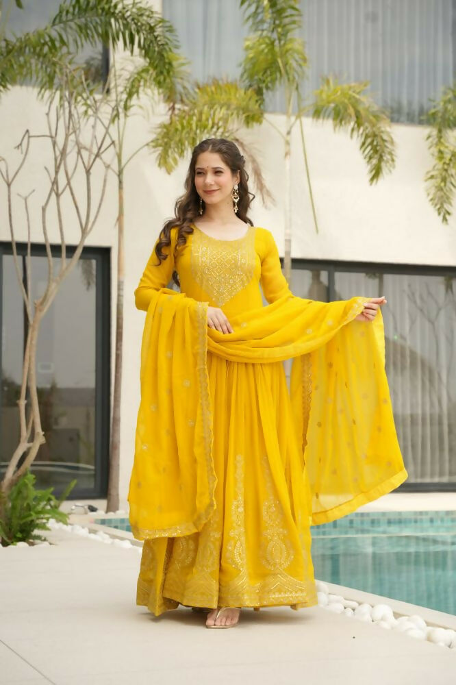 Vastranavya Yellow Faux Blooming with Embroidery Zari Sequins Work Gown | Grocsy