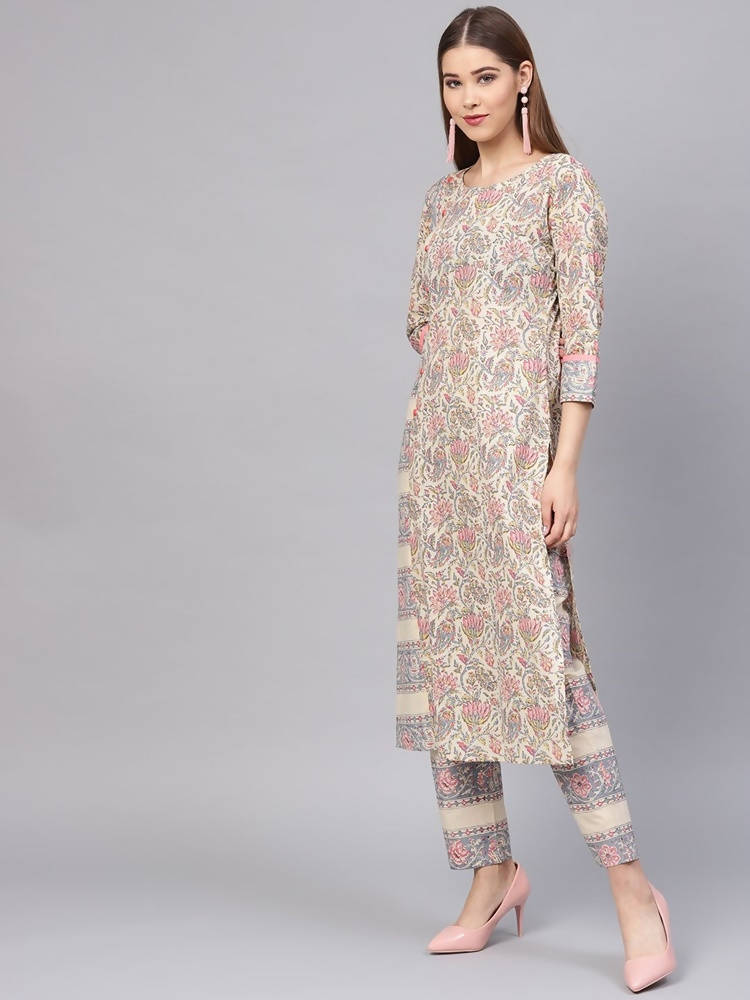 Yufta Women Beige & Grey Printed Kurta with Trouser | Grocsy