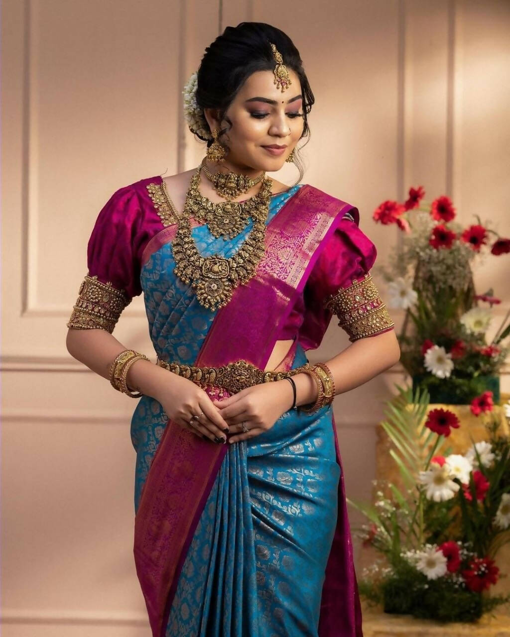 DEIANA'S Beautiful Designer Golden zari Soft Lichi Silk Saree - Blue | Grocsy