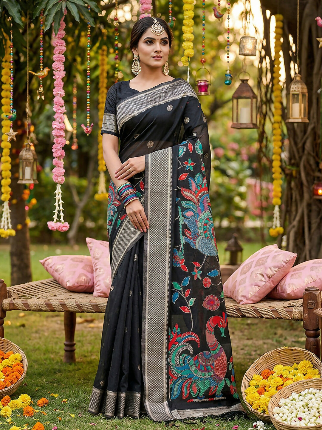 Shree Shyam Fashion Black Linen Cotton Saree | Grocsy