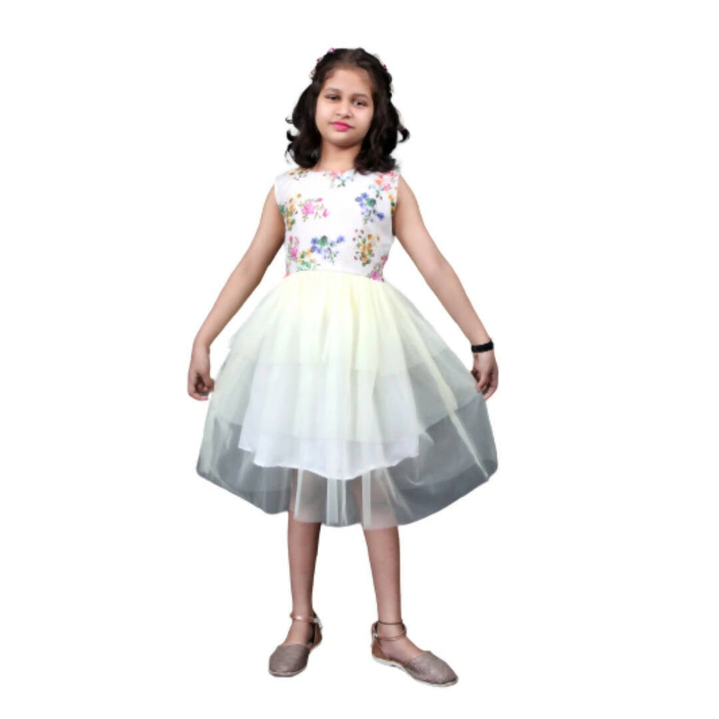 Akarshan Cotton Blend Floral Barbie Frock With Three Layered White Net - Cream & White | Grocsy