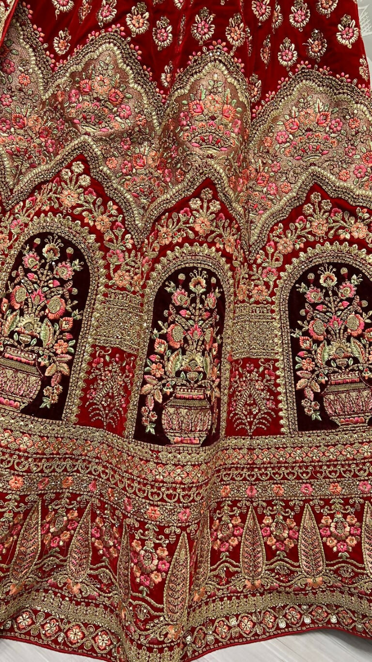 Jyoti Fashion Women's Red Velvet Multi Thread Embroidered with Zircon Diamond Wedding Lehenga Choli | Grocsy