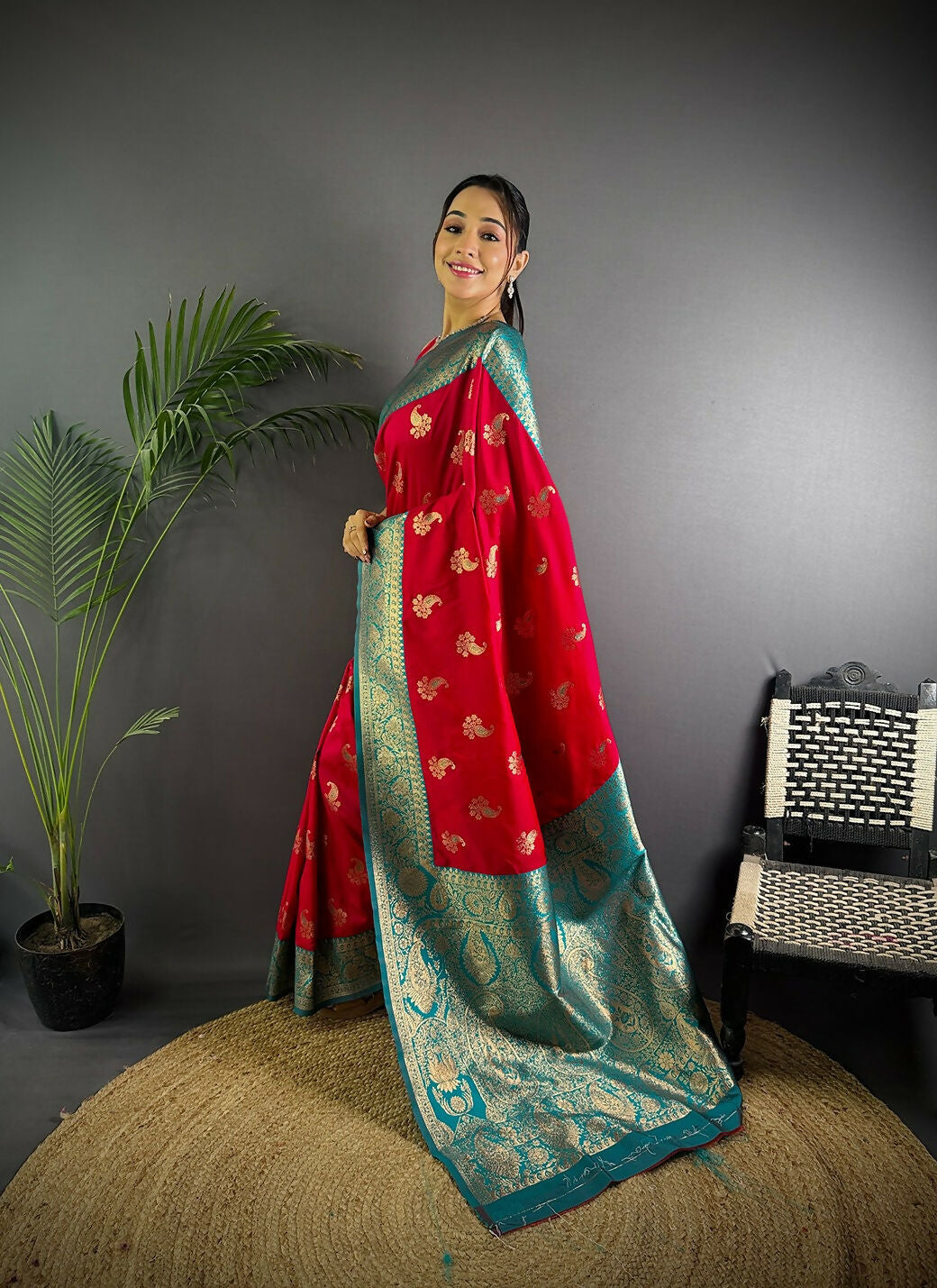 Joban Fashion Banarasi Red Woven Butti Soft Silk Saree | Grocsy