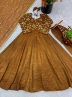 Teeya Creation New Trendy Stylish Elegant Finish With Full Flair Gold Gown Set | Grocsy