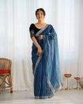 Attrctive Looking Gold Jari, Sequance Embroidery Work Twill Net Party Wear Saree - Teal | Grocsy
