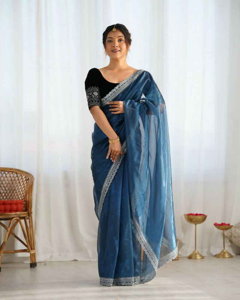 Attrctive Looking Gold Jari, Sequance Embroidery Work Twill Net Party Wear Saree - Teal | Grocsy