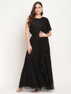Ahalyaa Women's Black Net Glitter Print Top Skirt Set With Dupatta | Grocsy