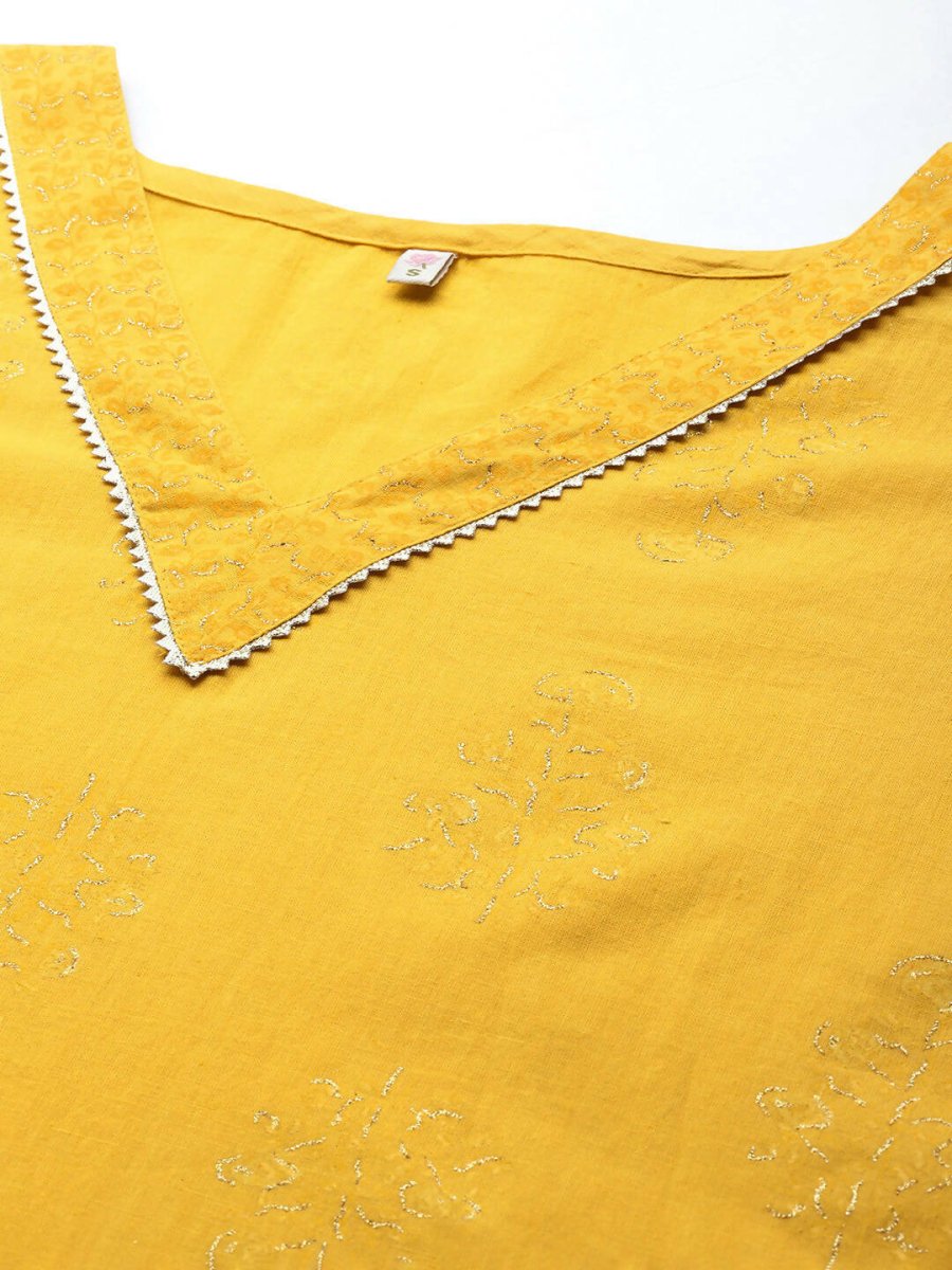 Ahalyaa Women Mustard Yellow Floral Printed Pure Cotton Co-Ords | Grocsy