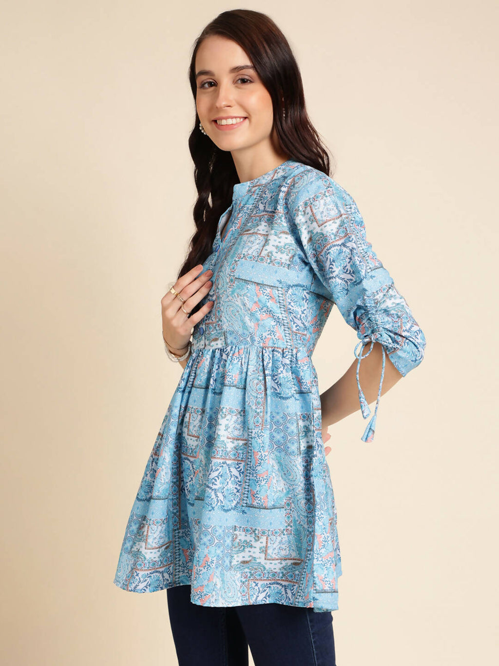 Light Blue Poly Rayon Digital Printed A-line Top - Tarini | Grocsy
