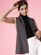Women Charcoal Acrylic Self Design Winter Cardigan - Wool Trees | Grocsy