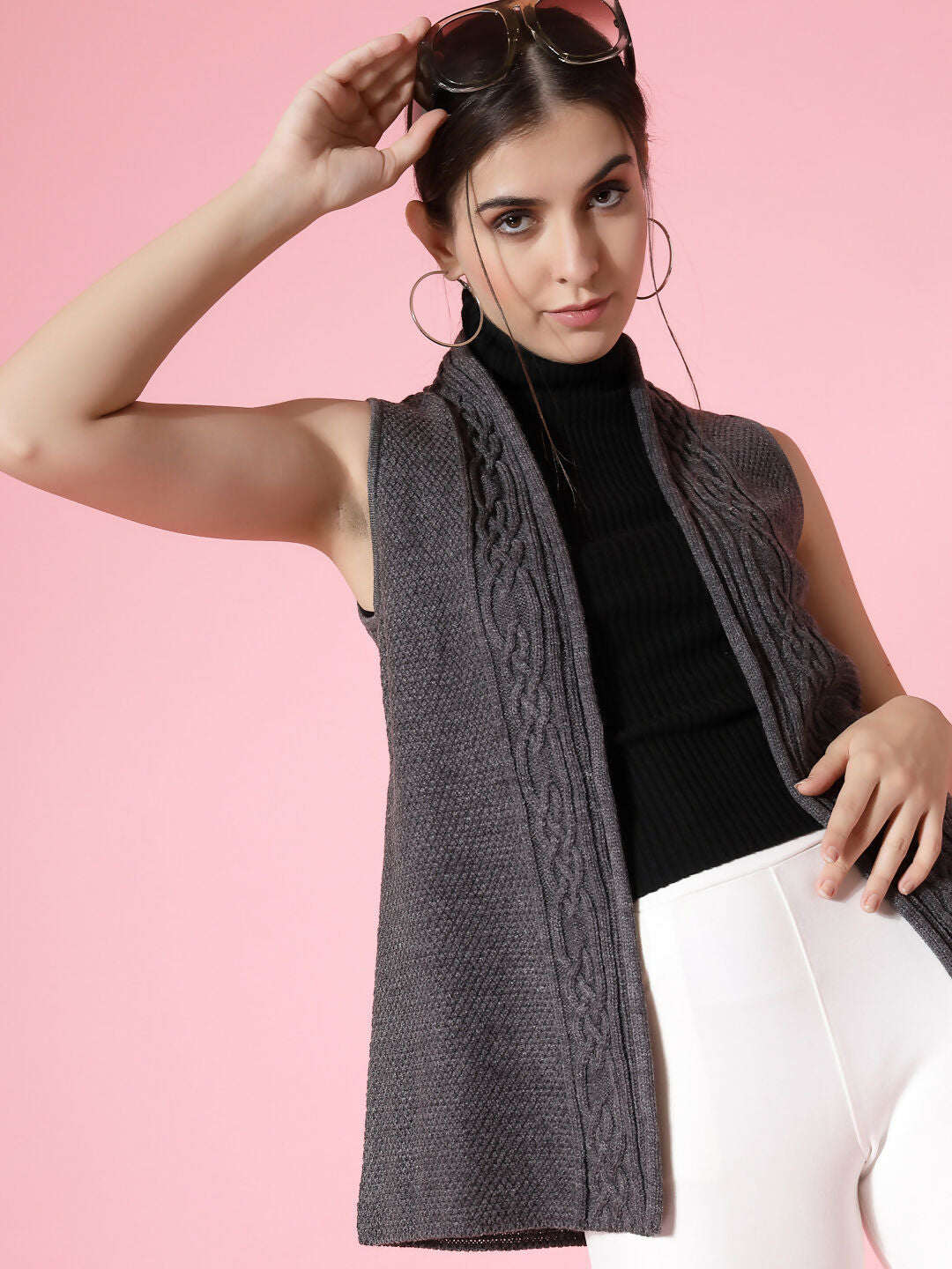 Women Charcoal Acrylic Self Design Winter Cardigan - Wool Trees | Grocsy