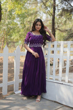 Vastranavya Faux Blooming with Beads embroidery-work Gown - Purple | Grocsy
