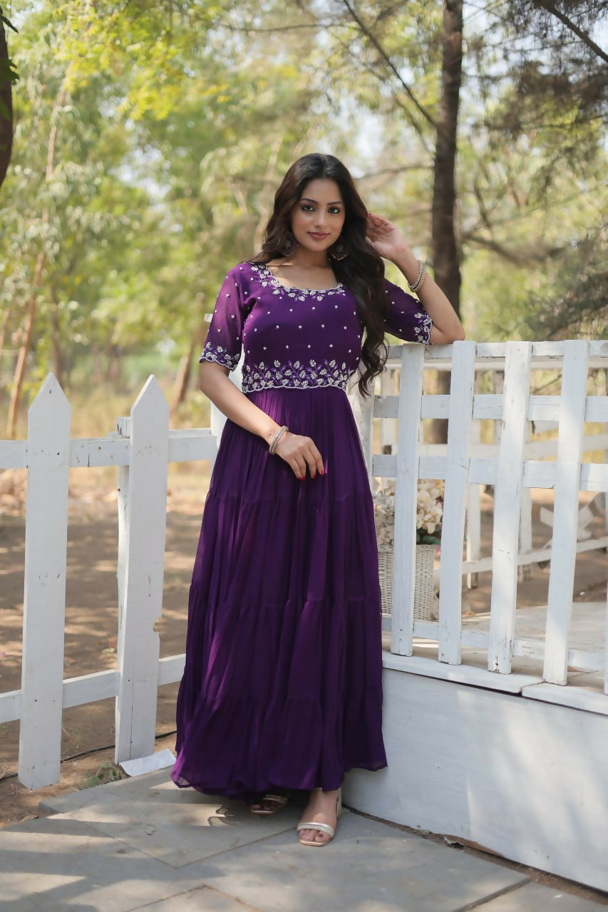 Vastranavya Faux Blooming with Beads embroidery-work Gown - Purple | Grocsy