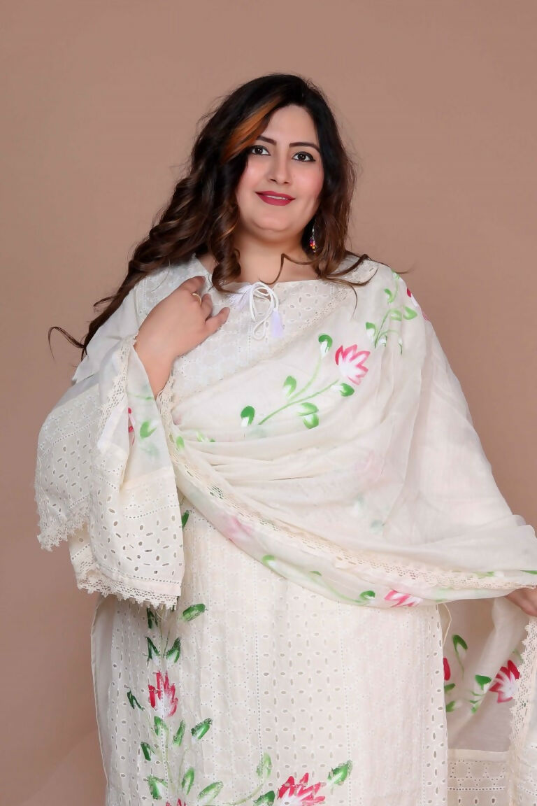 Miravan Women's Plus Size Cream Ethnic Motifs Hand Block Cotton Pakistani Kurta Palazzo With Dupatta | Grocsy