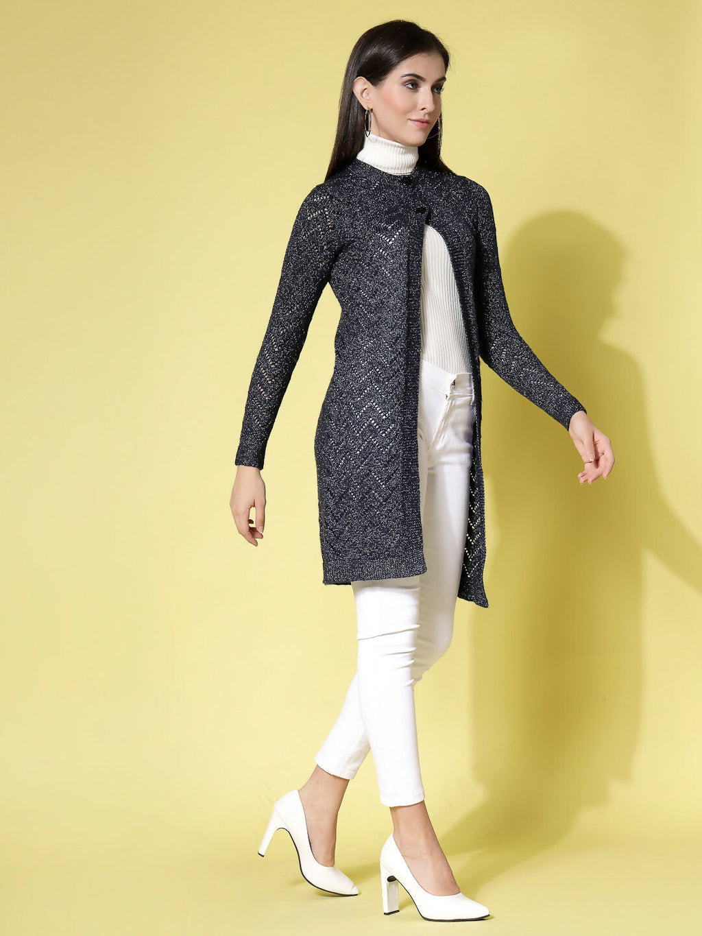 Women Self Design Long Navy Blue Acrylic Winter Shrug - Wool Trees | Grocsy
