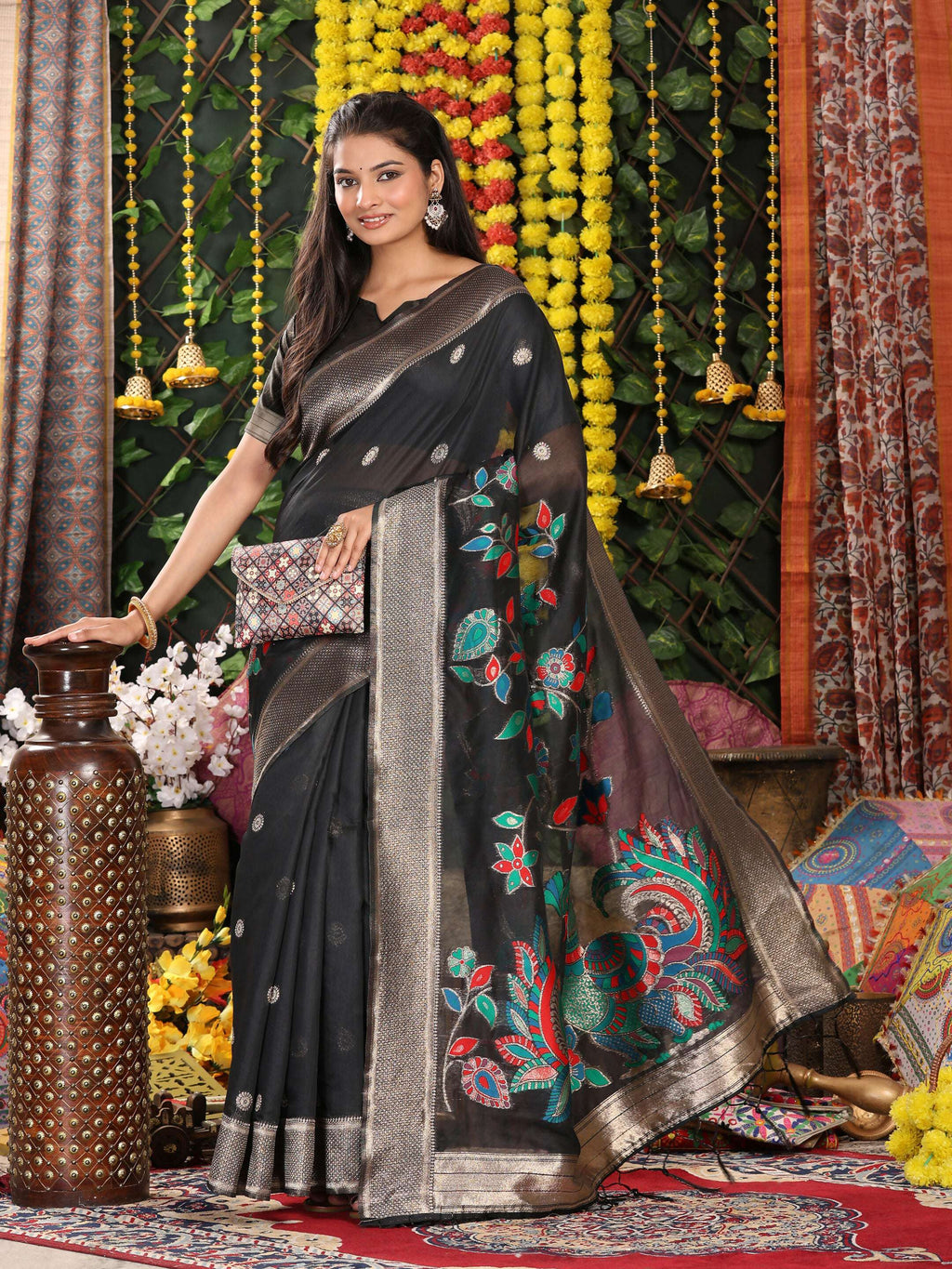 Shree Shyam Fashion Linen Cotton Black Saree | Grocsy