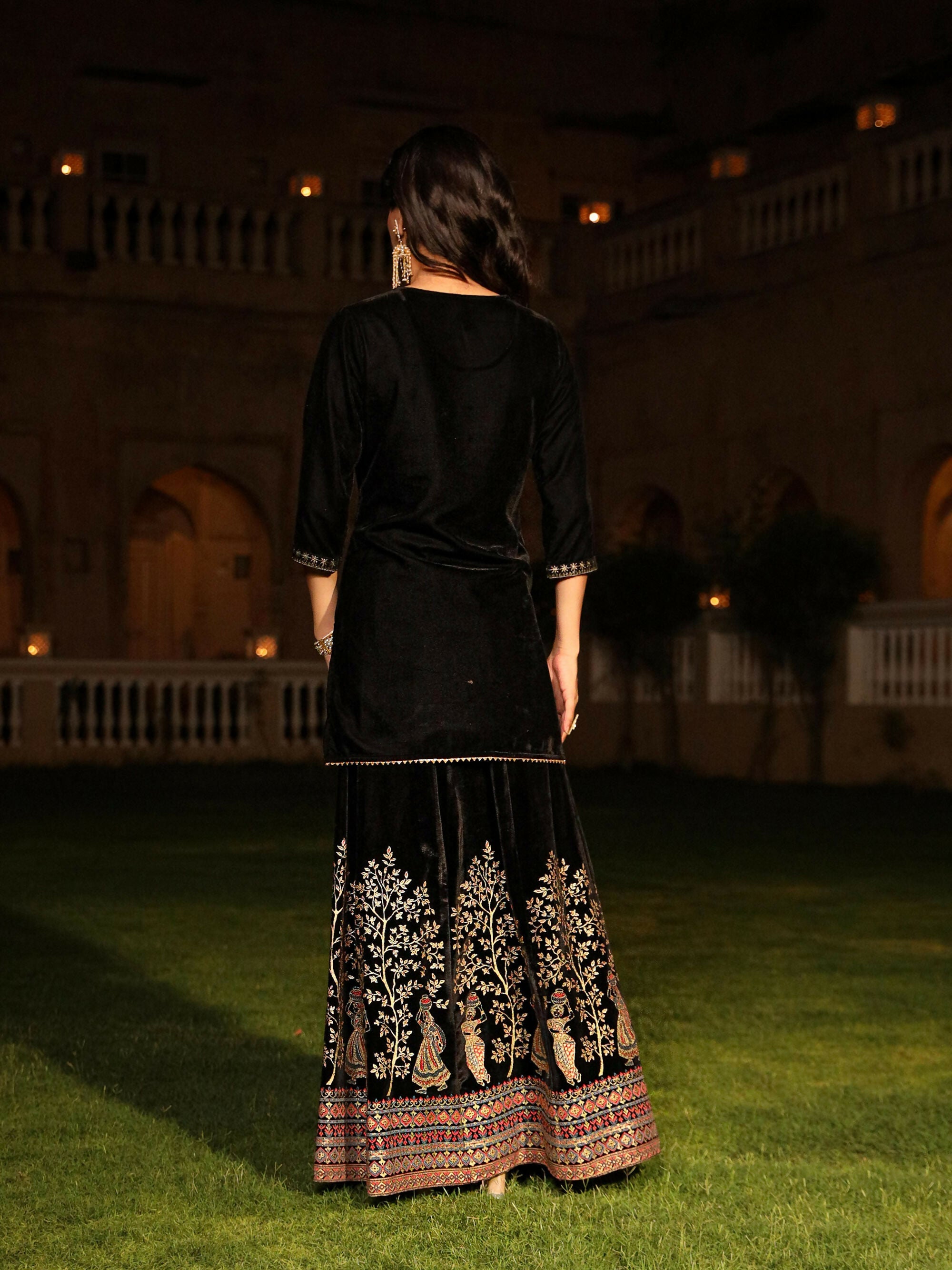 Juniper Women's The Sunehri Black Zari Embroidered Velvet Top & Skirt Set With Sequins & Buttons | Grocsy