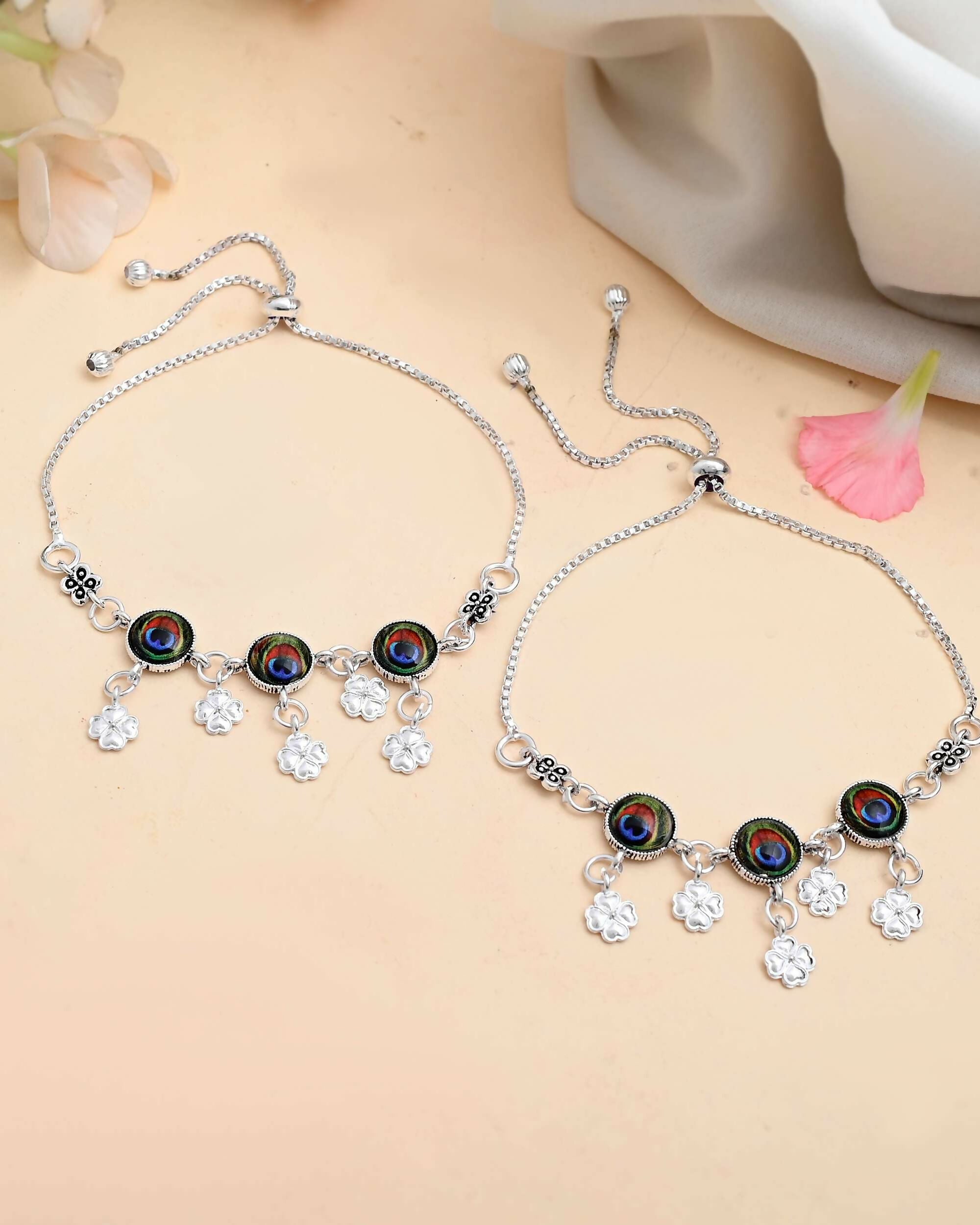 VOJ Set of 2 Silver Plated Peacock Printed HandCrafted Anklet | Grocsy
