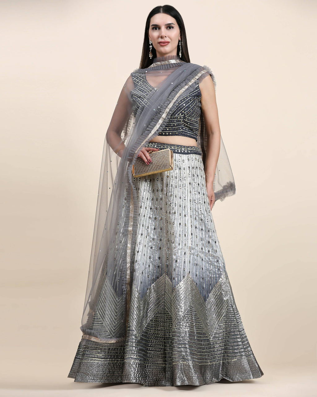Grey Organza Mirror With Coding Work Lehenga Choli with Dupatta - Tanya | Grocsy