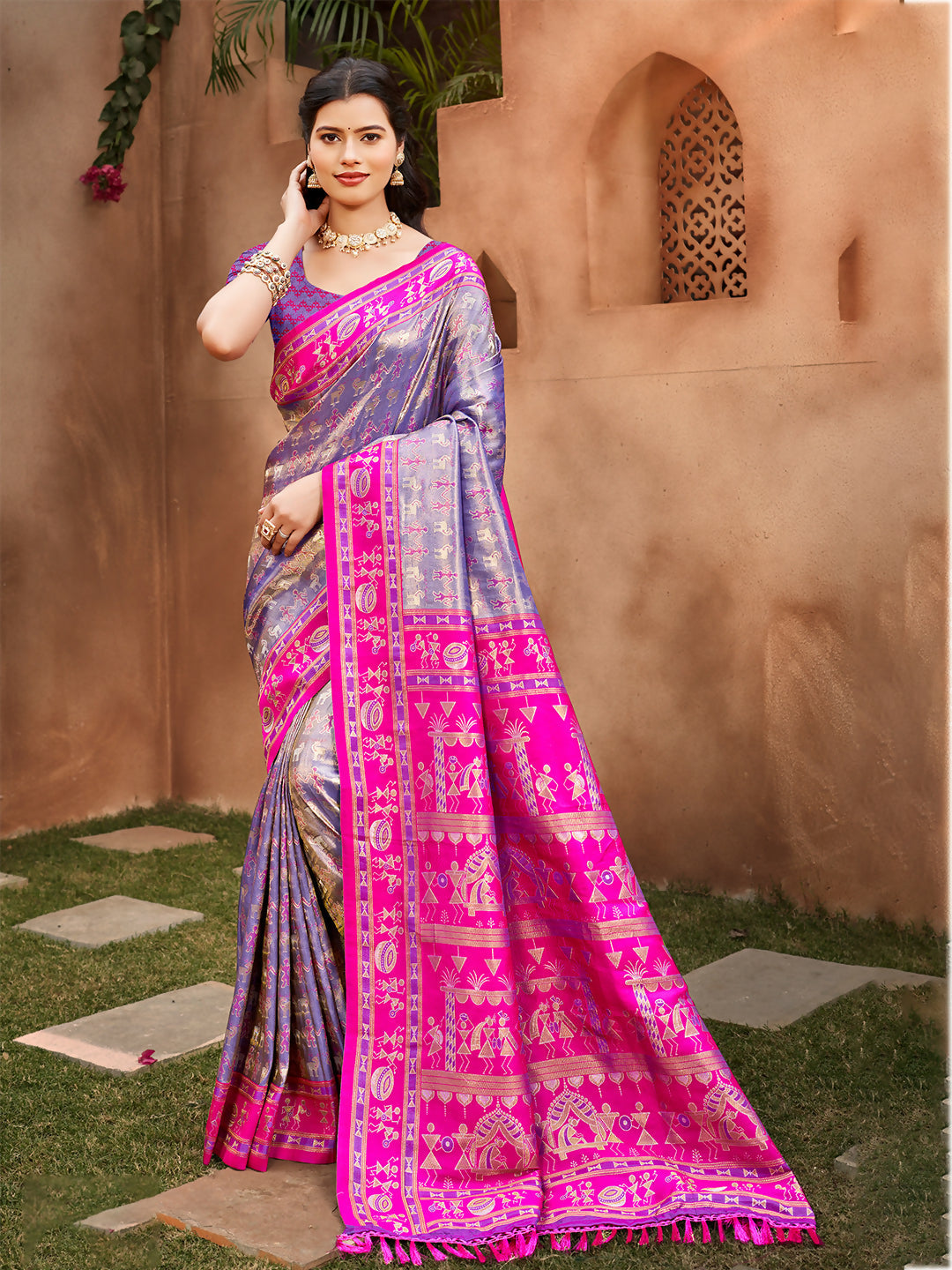 Sangam Prints Purple Kanjivaram Silk Woven Work Traditional Saree | Grocsy