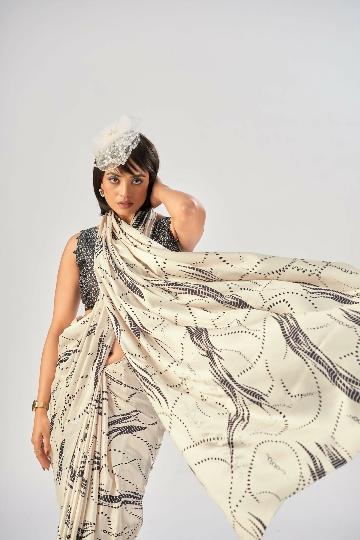 Vastranavya Off White Satin Silk Elegant Printed Saree with Unstitched Blouse | Grocsy