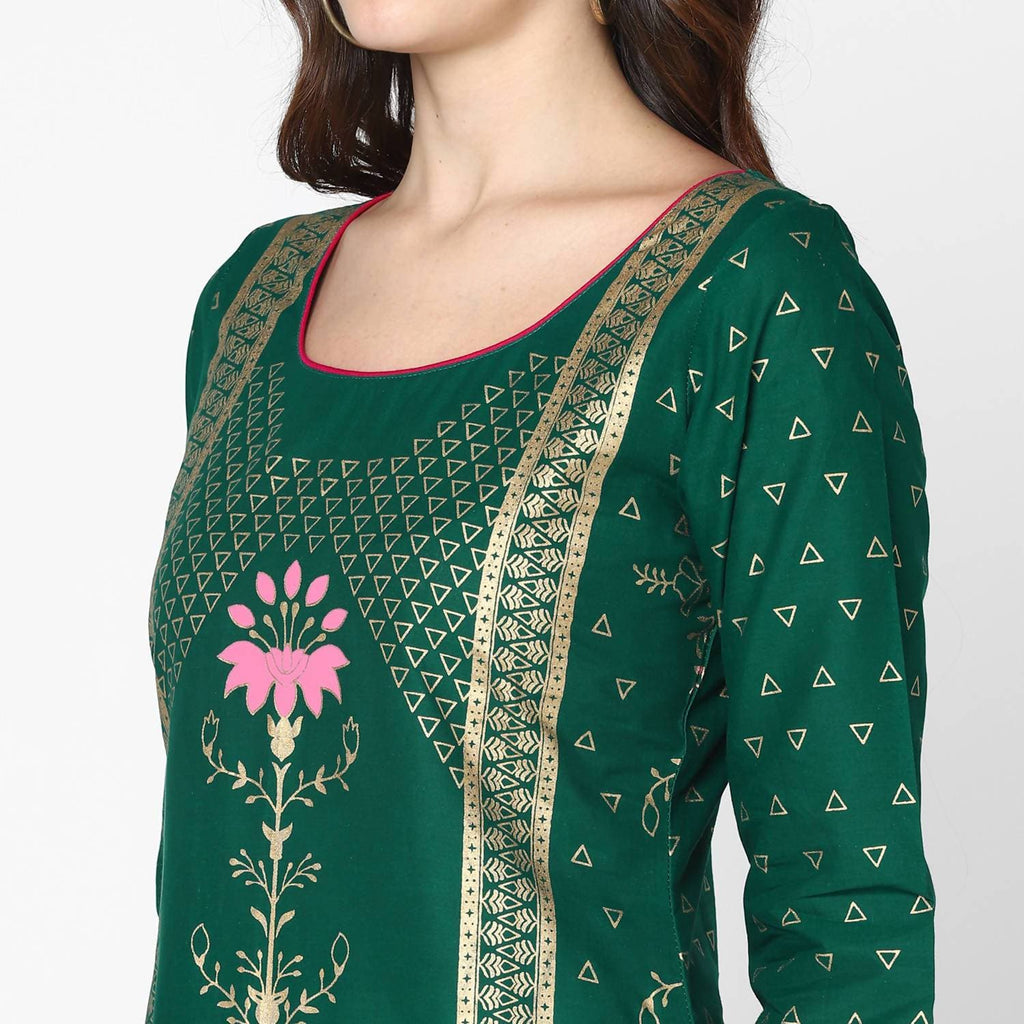 Cheera Hand Block Print Green & Skin Color Straight Kurta With Palazzo (MAAI-089K) | Grocsy