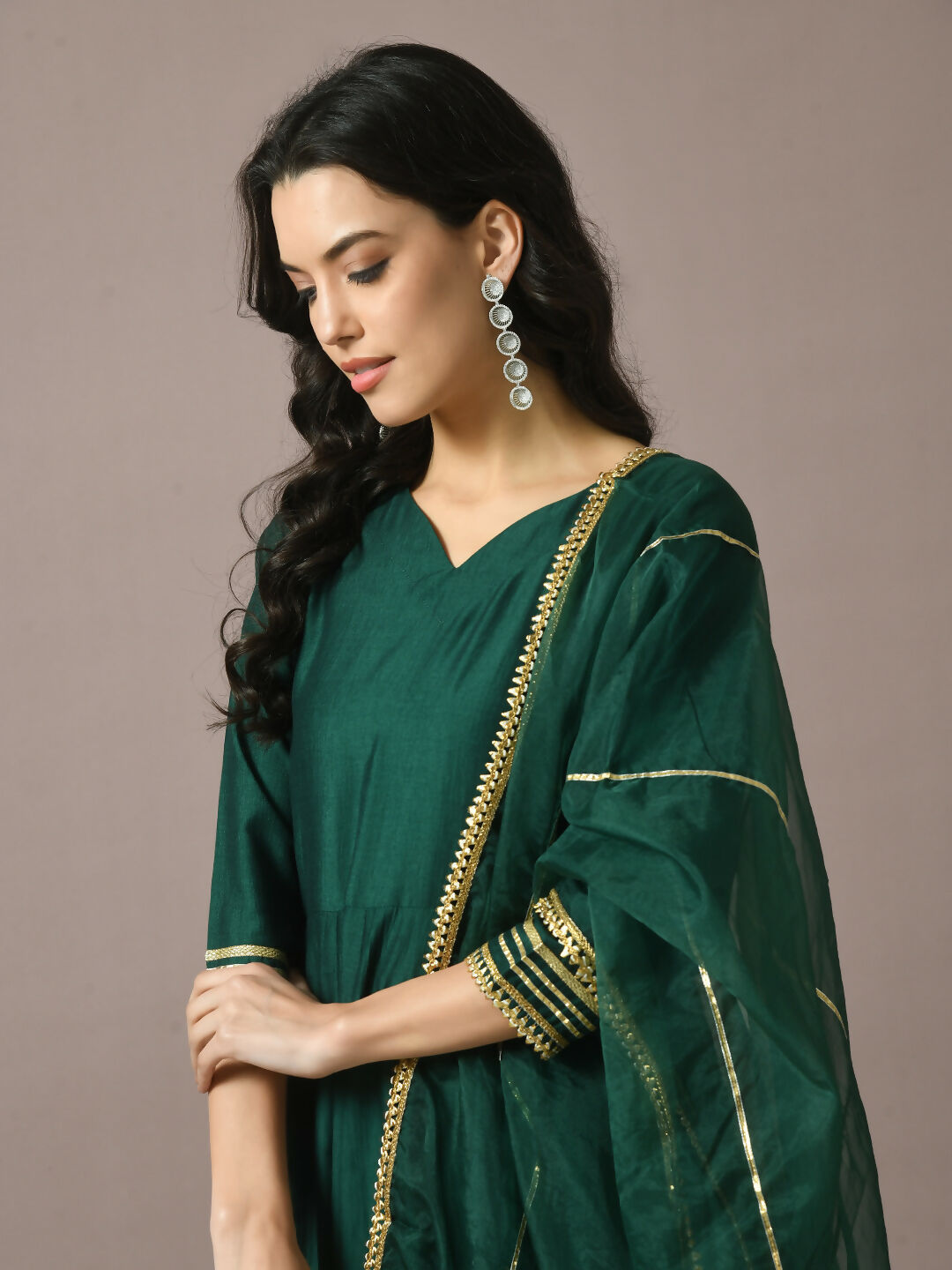 Myshka Women's Green Solid Silk Anarkali Party Kurta With Dupatta | Grocsy