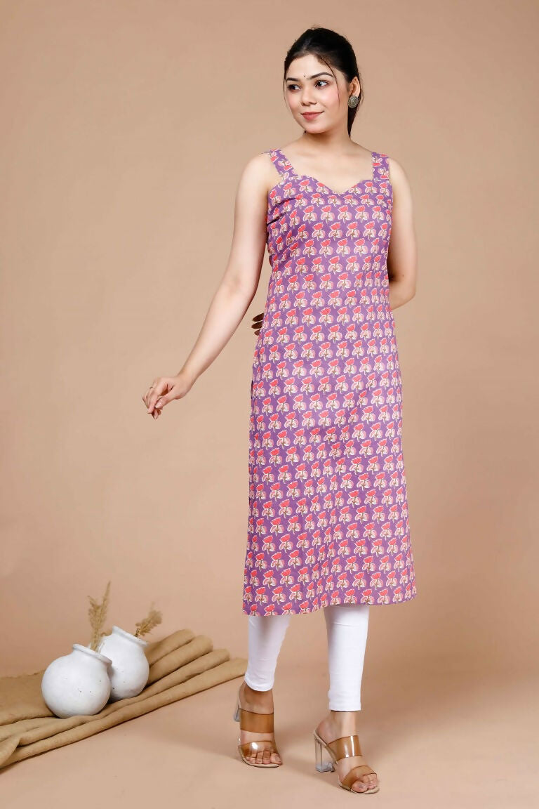Miravan Women's Ethnic Motifs Printed Sweetheart Neck Shoulder Straps Cotton Straight Kurta | Grocsy