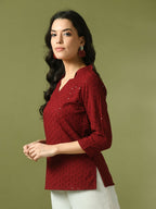 Myshka Women's Maroon Embellished Cotton Regular Party Tunic | Grocsy
