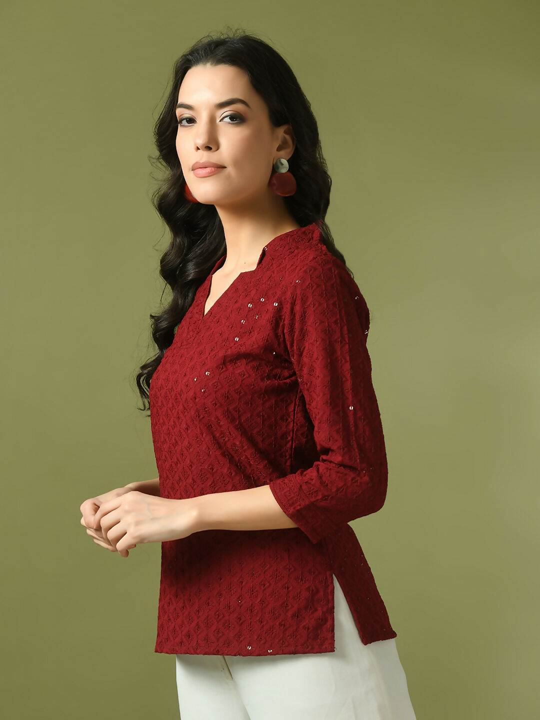 Myshka Women's Maroon Embellished Cotton Regular Party Tunic | Grocsy