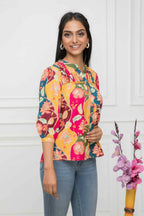 Myshka Women Multi Floral Mandarin Collar Regular Sleeves Viscose Rayon Top | Grocsy
