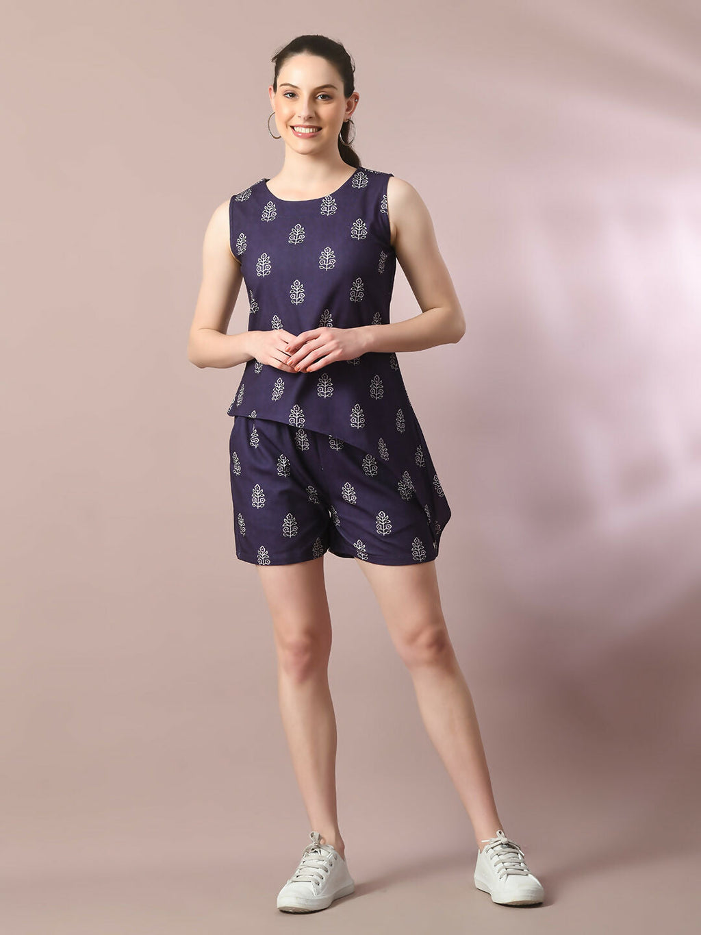 Myshka Women's Blue Printed Round Neck Party Top With Shorts Co-ord set | Grocsy