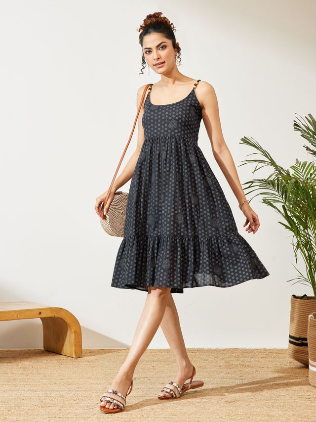 Janasya Navy Blue A-Line Cotton Dress | Grocsy