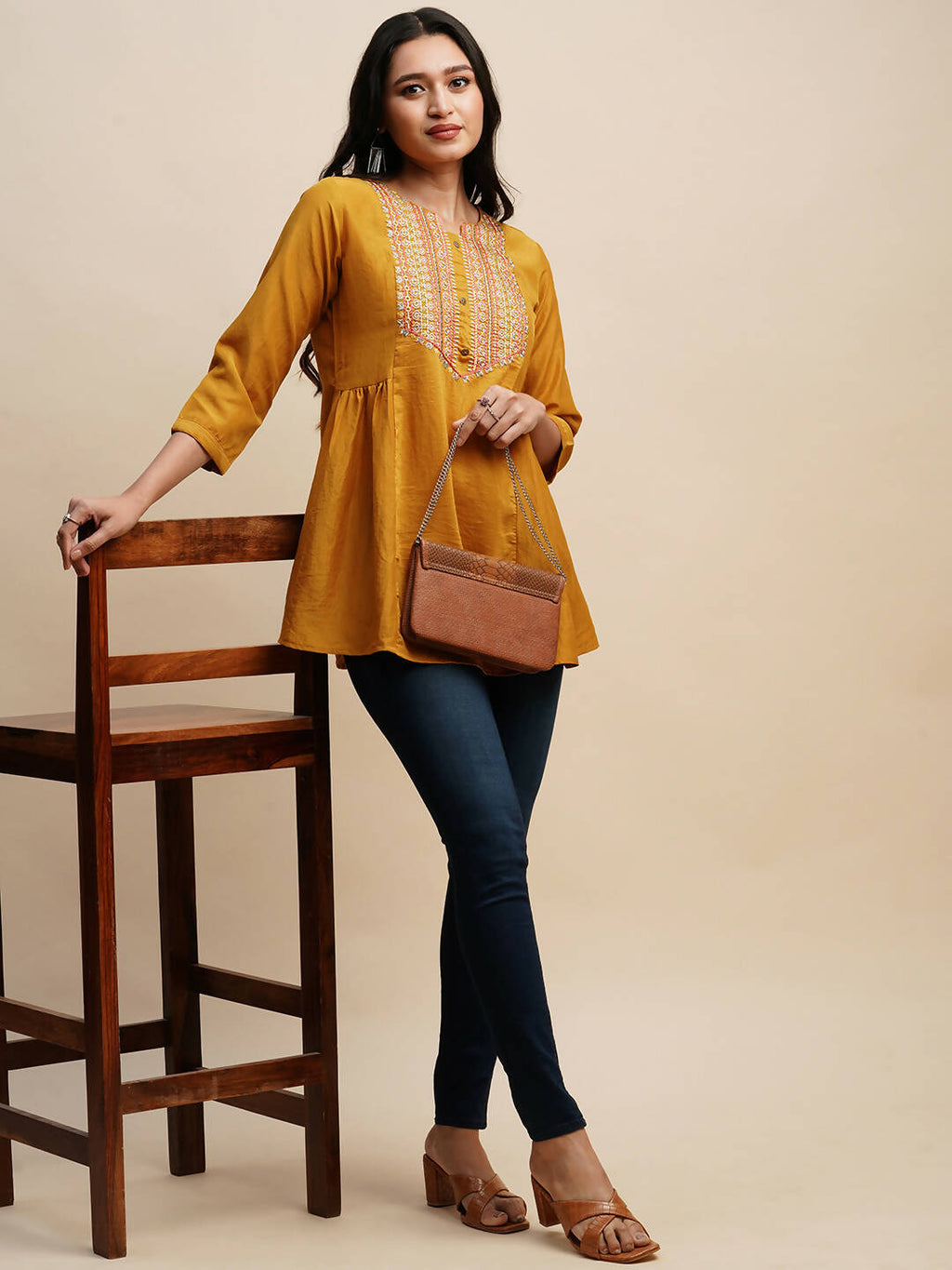 Mustard Chinon Embroidered Top - Tarini | Grocsy