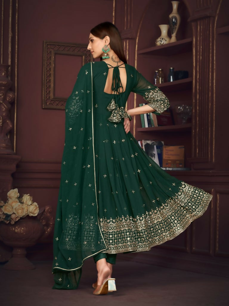 Jyoti Fashion Women's Golden & Bottle Green Georgette Embroidered Anarkali Kurta Pant Set With Dupatta | Grocsy
