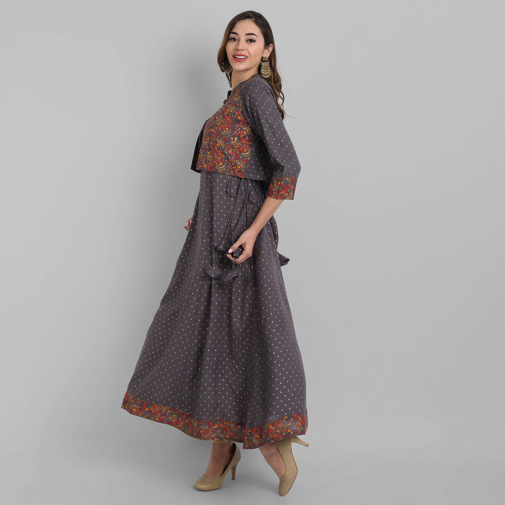 Juniper Women's Grey Rayon Printed Flared Dress | Grocsy