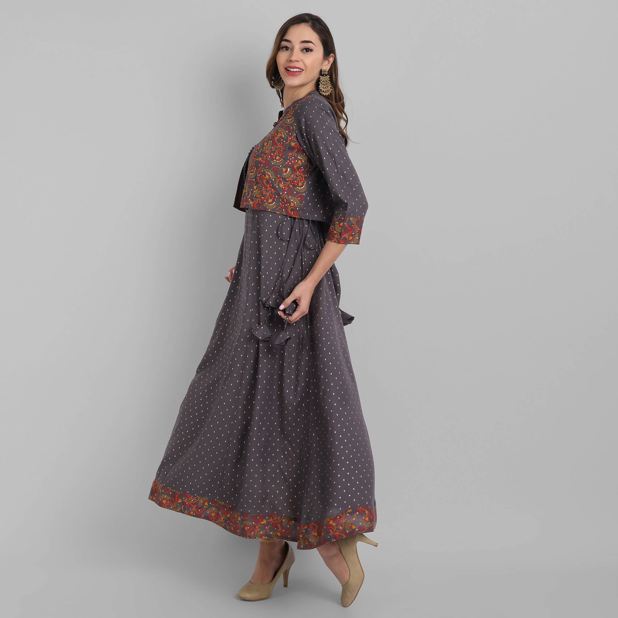 Juniper Women's Grey Rayon Printed Flared Dress | Grocsy