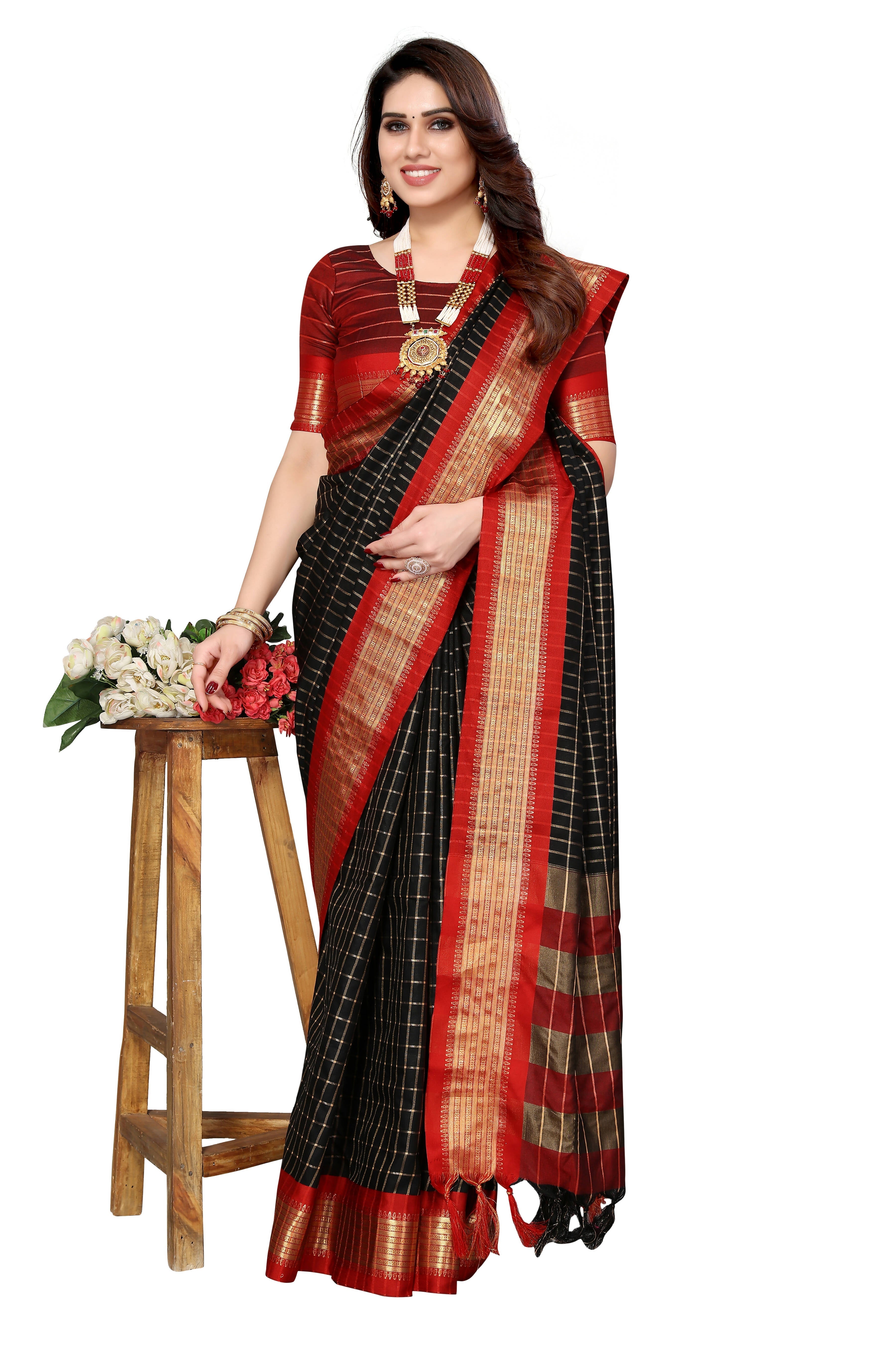 Vamika Weaving Black Cotton Silk Saree | Grocsy